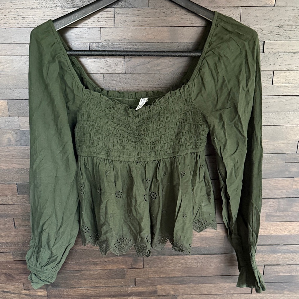 American Eagle Outfitters Dark Green Smocked Blouse